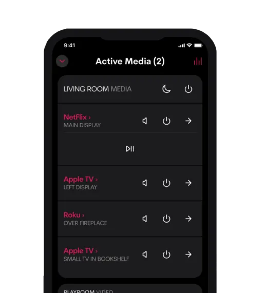 Crestron Home app on a phone showing media controls