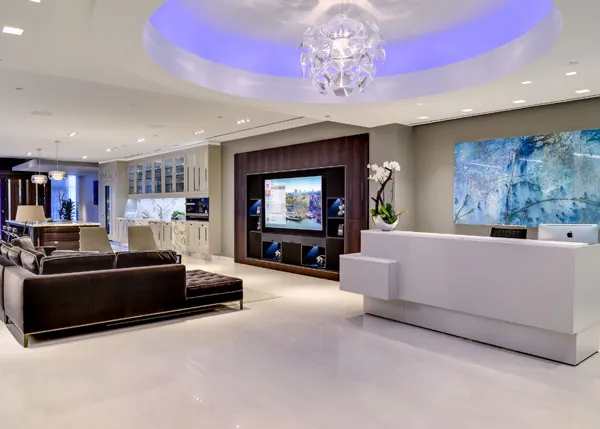 Contemporary living room with a media wall and accent lighting