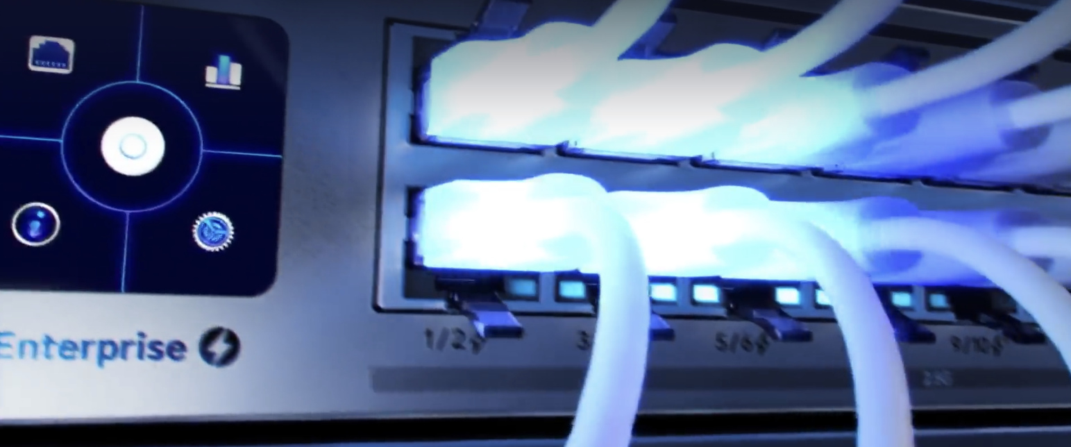 Networking equipment with connected cables and status lights